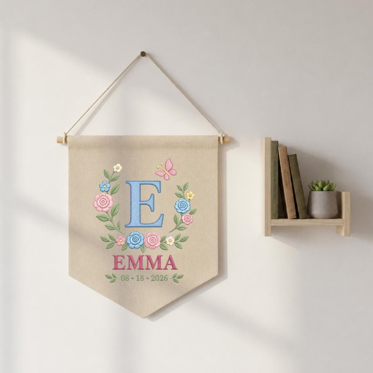 Personalized Baby Name Banner, Blue E Monogram and Emma Name, Floral Embroidered Nursery Wall Hanging, Custom Newborn Keepsake Gift