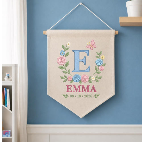 Personalized Baby Name Banner, Blue E Monogram and Emma Name, Floral Embroidered Nursery Wall Hanging, Custom Newborn Keepsake Gift