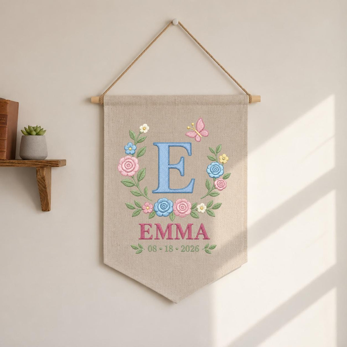 Personalized Baby Name Banner, Blue E Monogram and Emma Name, Floral Embroidered Nursery Wall Hanging, Custom Newborn Keepsake Gift