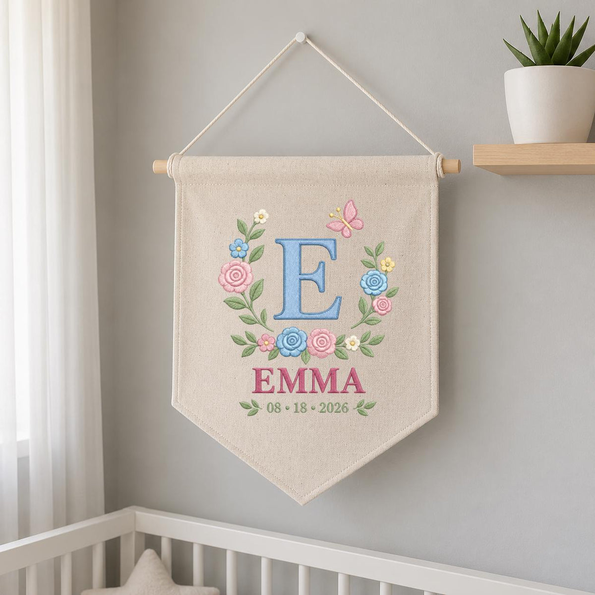 Personalized Baby Name Banner, Blue E Monogram and Emma Name, Floral Embroidered Nursery Wall Hanging, Custom Newborn Keepsake Gift