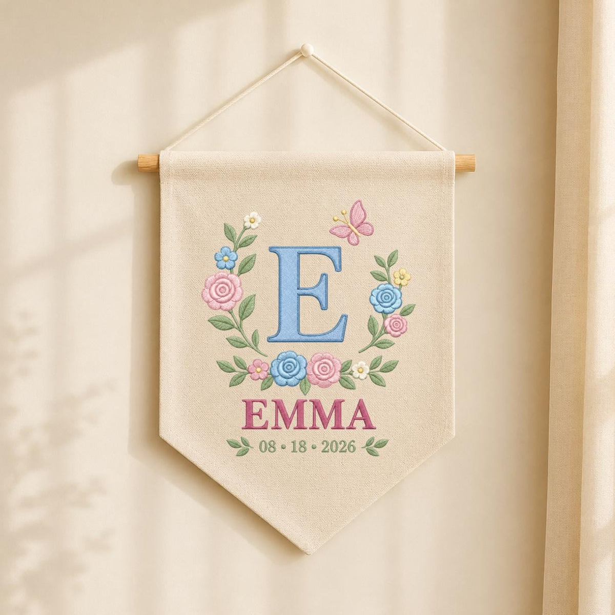 Personalized Baby Name Banner, Blue E Monogram and Emma Name, Floral Embroidered Nursery Wall Hanging, Custom Newborn Keepsake Gift