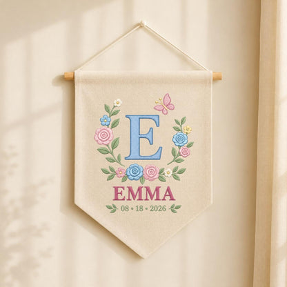 Personalized Baby Name Banner, Blue E Monogram and Emma Name, Floral Embroidered Nursery Wall Hanging, Custom Newborn Keepsake Gift