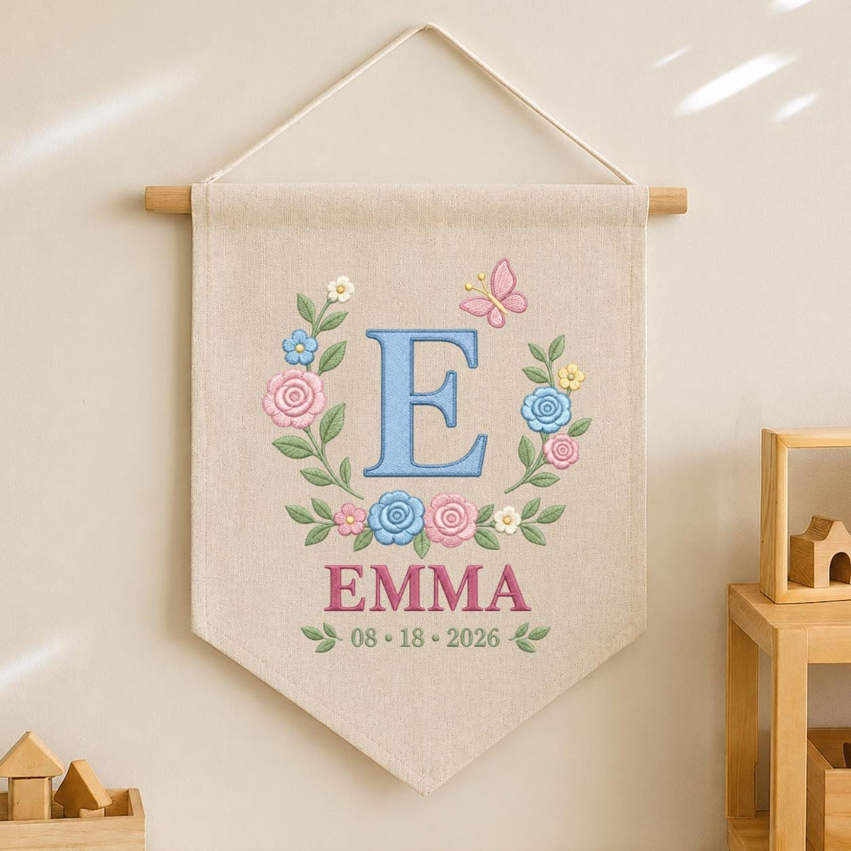 Personalized Baby Name Banner, Blue E Monogram and Emma Name, Floral Embroidered Nursery Wall Hanging, Custom Newborn Keepsake Gift
