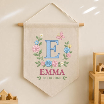 Personalized Baby Name Banner, Blue E Monogram and Emma Name, Floral Embroidered Nursery Wall Hanging, Custom Newborn Keepsake Gift