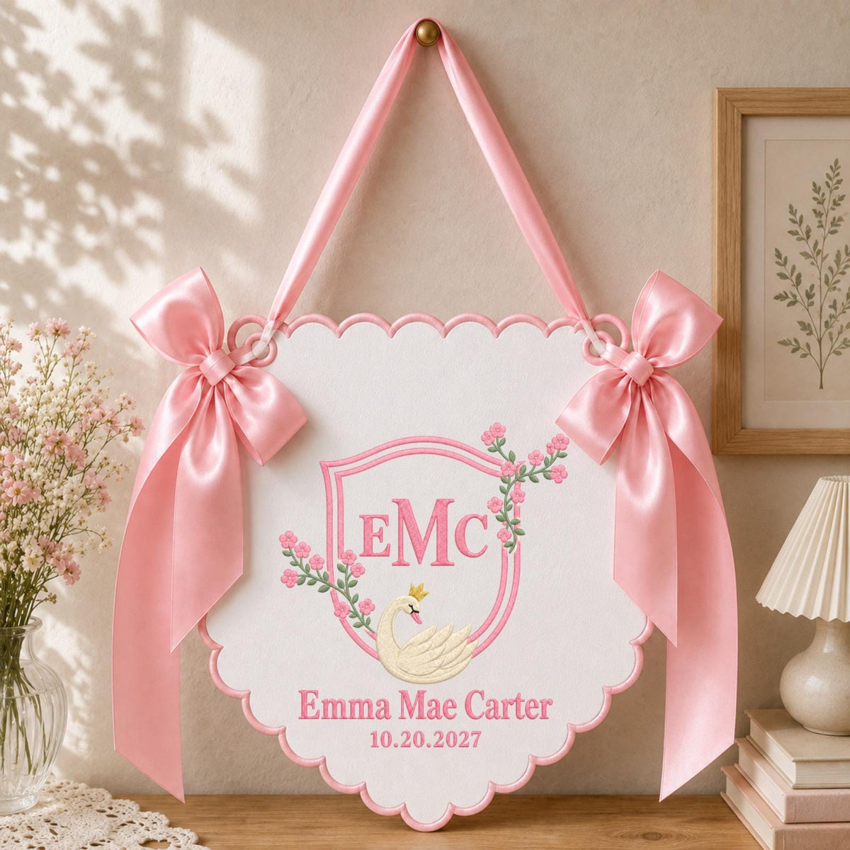 Personalized Swan Monogram Embroidered Banner, Custom Baby Name Wall Hanging, Blue Floral Nursery Decor, Baby Boy Name Sign, Newborn Gift