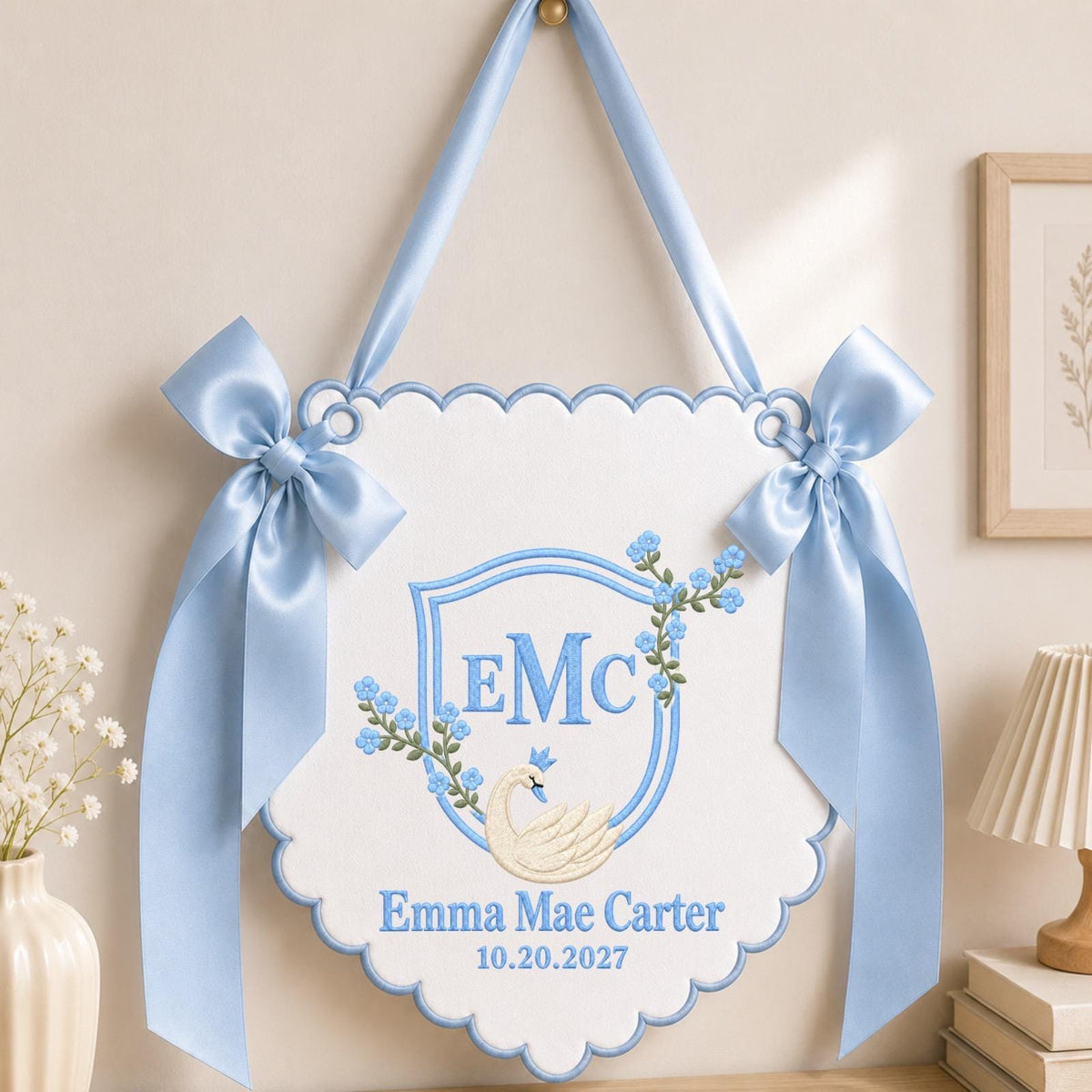 Personalized Swan Monogram Embroidered Banner, Custom Baby Name Wall Hanging, Blue Floral Nursery Decor, Baby Boy Name Sign, Newborn Gift