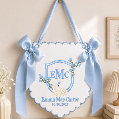 Personalized Swan Monogram Embroidered Banner, Custom Baby Name Wall Hanging, Blue Floral Nursery Decor, Baby Boy Name Sign, Newborn Gift