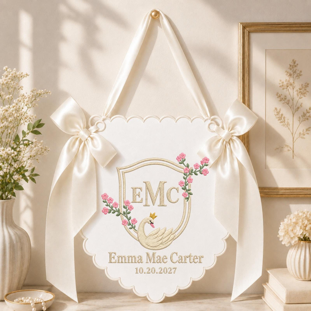 Personalized Swan Monogram Embroidered Banner, Custom Baby Name Wall Hanging, Blue Floral Nursery Decor, Baby Boy Name Sign, Newborn Gift