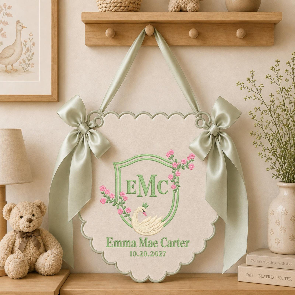Personalized Swan Monogram Embroidered Banner, Custom Baby Name Wall Hanging, Blue Floral Nursery Decor, Baby Boy Name Sign, Newborn Gift