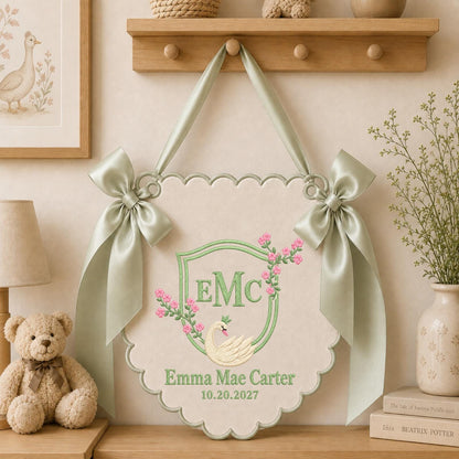 Personalized Swan Monogram Embroidered Banner, Custom Baby Name Wall Hanging, Blue Floral Nursery Decor, Baby Boy Name Sign, Newborn Gift