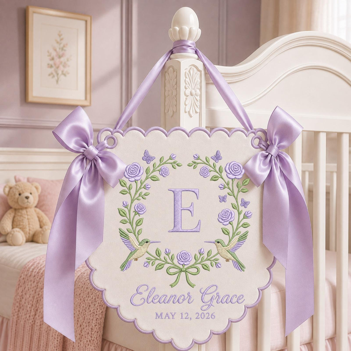 Personalized Hummingbird Floral Embroidered Banner, Custom Baby Name Monogram Wall Hanging, Pink Rose Nursery Decor, Baby Girl Name Sign