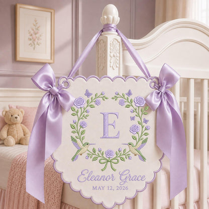 Personalized Hummingbird Floral Embroidered Banner, Custom Baby Name Monogram Wall Hanging, Pink Rose Nursery Decor, Baby Girl Name Sign