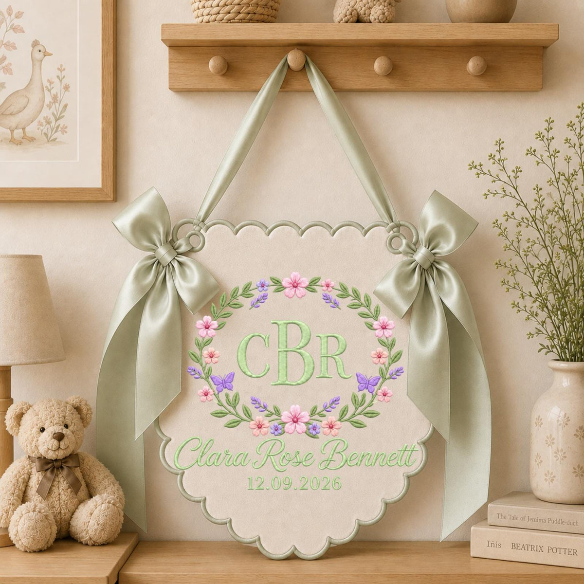 Personalized Floral Monogram Embroidered Banner, Custom Baby Name Wall Hanging, Butterfly Nursery Decor, Initial Name Sign, Baby Shower Gift