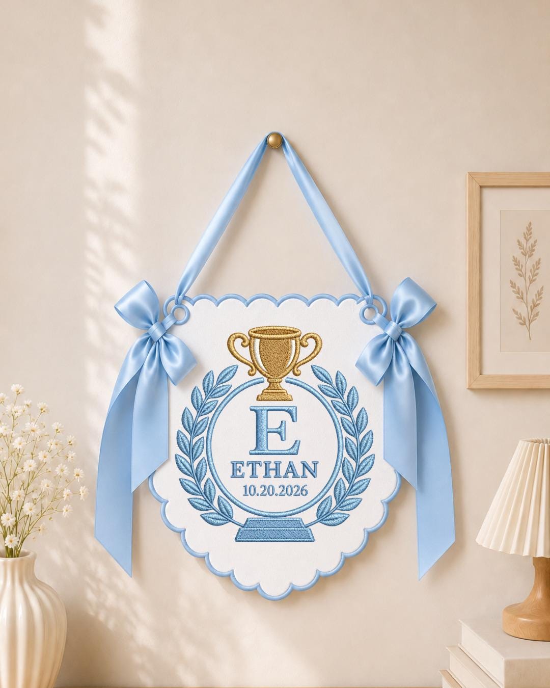 Personalized Trophy Baby Name Embroidered Banner, Custom Monogram Nursery Wall Hanging, Baby Boy Birth Keepsake, Sports Nursery Decor