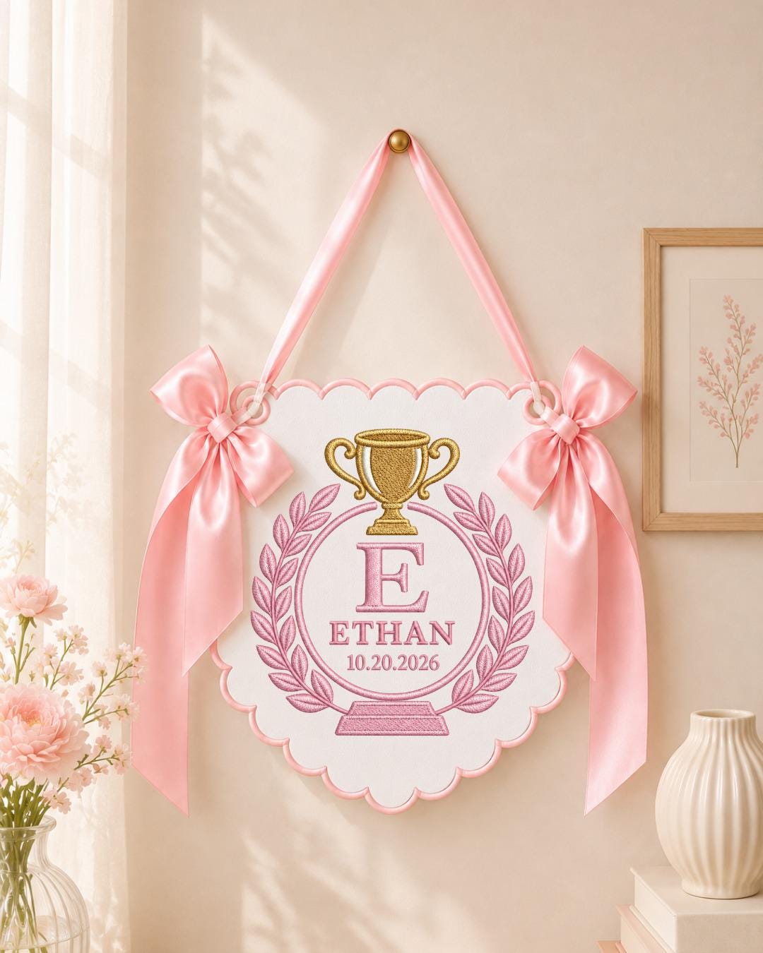 Personalized Trophy Baby Name Embroidered Banner, Custom Monogram Nursery Wall Hanging, Baby Boy Birth Keepsake, Sports Nursery Decor