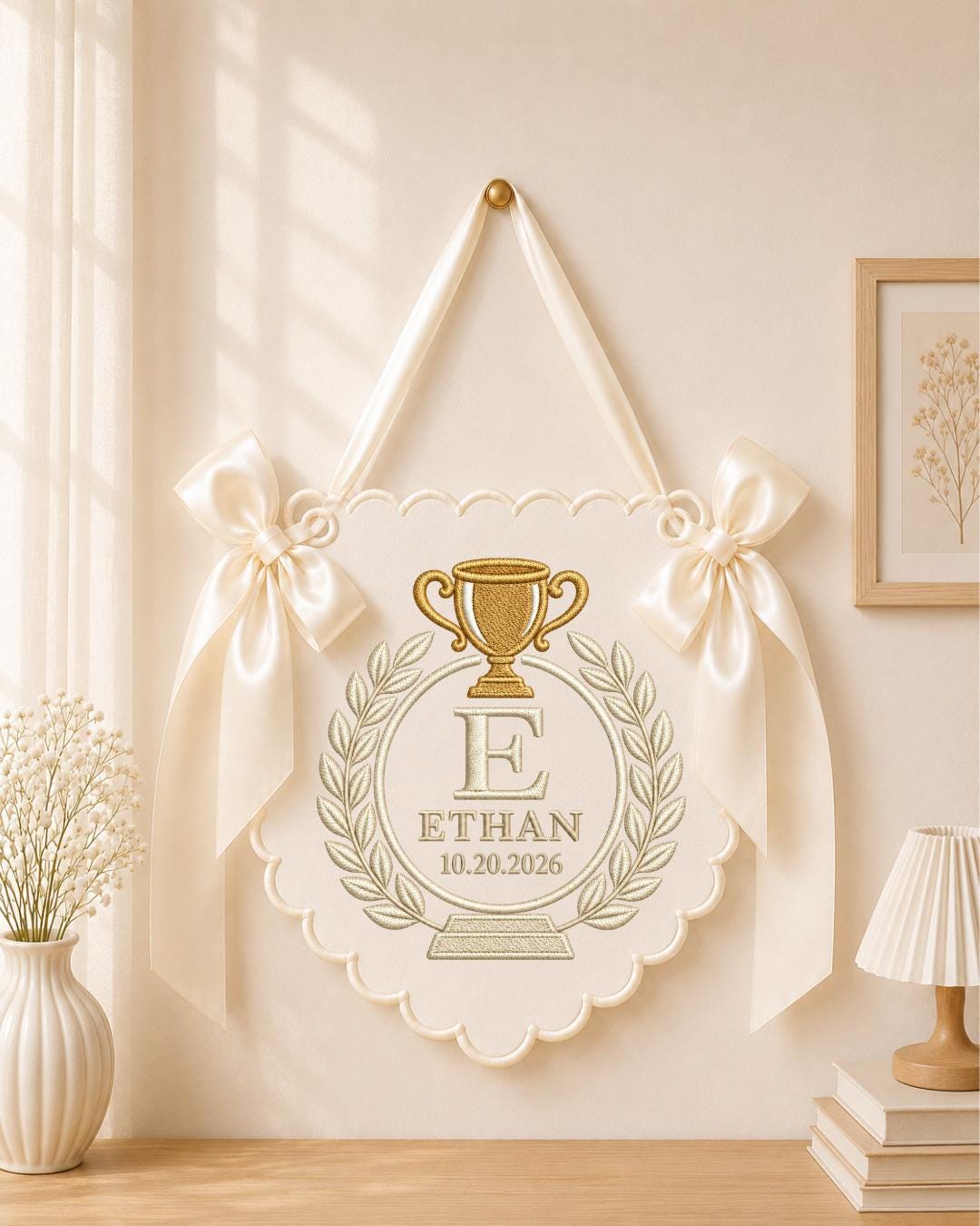 Personalized Trophy Baby Name Embroidered Banner, Custom Monogram Nursery Wall Hanging, Baby Boy Birth Keepsake, Sports Nursery Decor