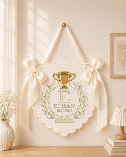 Personalized Trophy Baby Name Embroidered Banner, Custom Monogram Nursery Wall Hanging, Baby Boy Birth Keepsake, Sports Nursery Decor