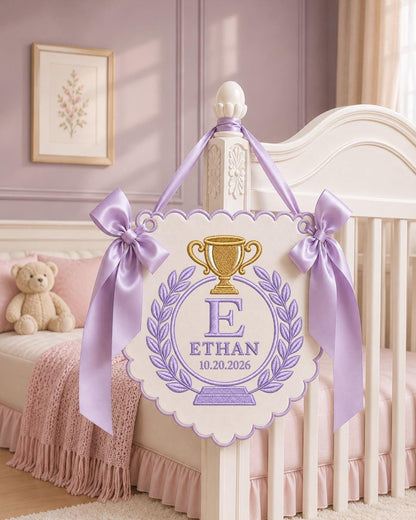 Personalized Trophy Baby Name Embroidered Banner, Custom Monogram Nursery Wall Hanging, Baby Boy Birth Keepsake, Sports Nursery Decor