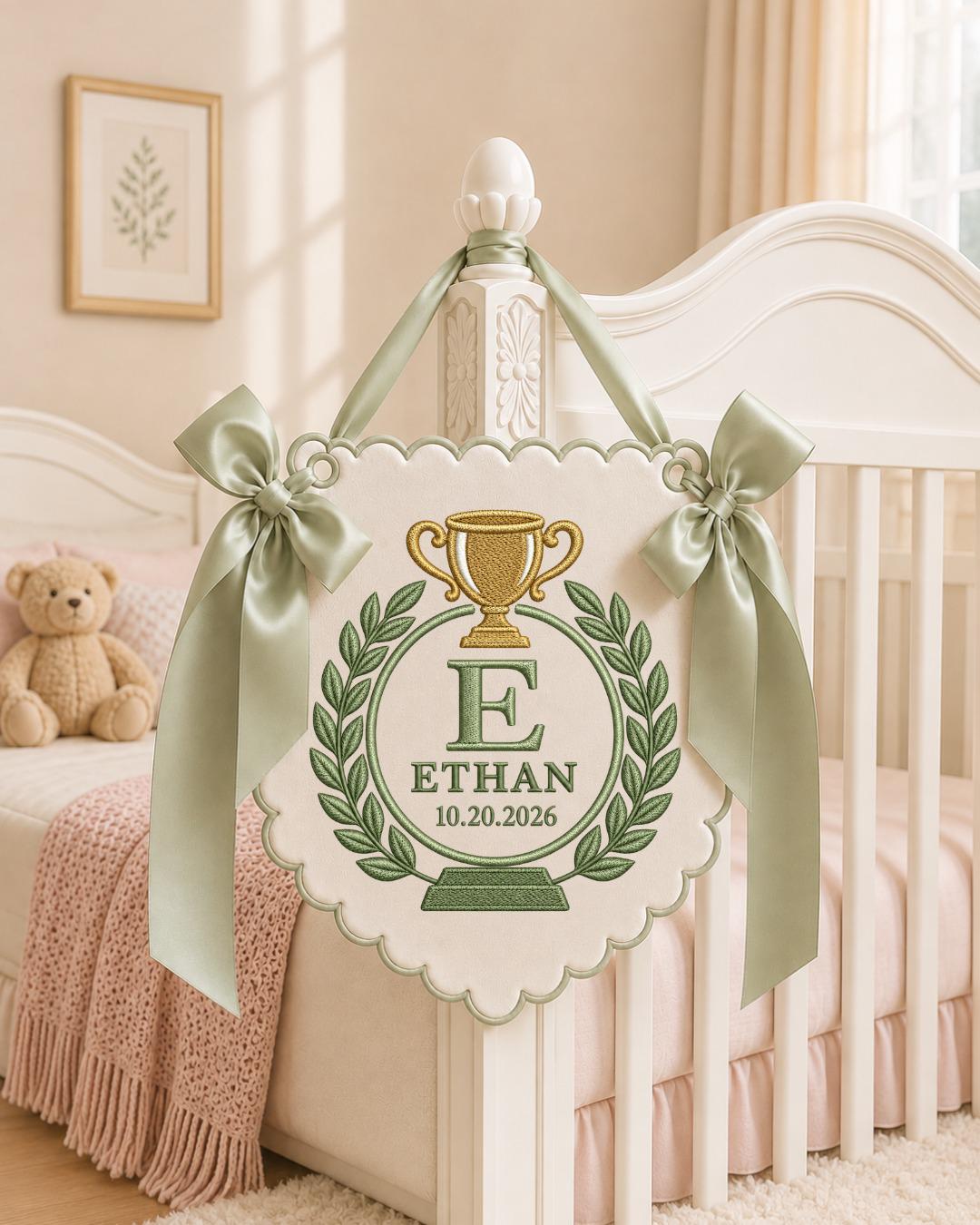 Personalized Trophy Baby Name Embroidered Banner, Custom Monogram Nursery Wall Hanging, Baby Boy Birth Keepsake, Sports Nursery Decor