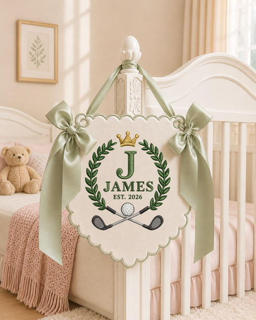 Personalized Golf Baby Name Embroidered Banner, Custom Monogram Nursery Wall Hanging, Golf Nursery Decor, Baby Boy Gift, Birth Keepsake