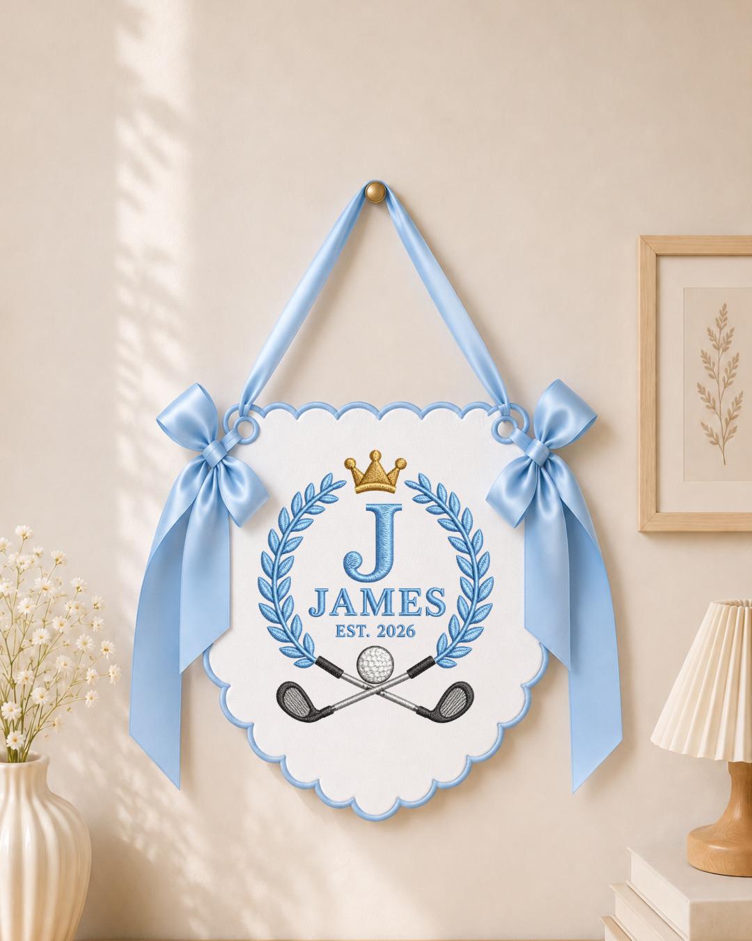 Personalized Golf Baby Name Embroidered Banner, Custom Monogram Nursery Wall Hanging, Golf Nursery Decor, Baby Boy Gift, Birth Keepsake