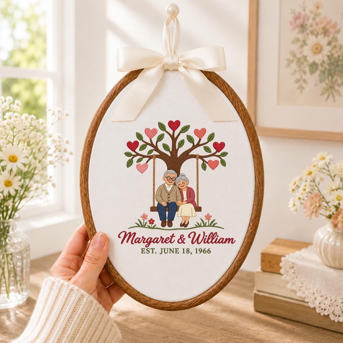Personalized Anniversary Embroidery Hoop, Couple on Swing Beneath Heart Tree, Margaret and William Keepsake, 60th Wedding Gift for Two