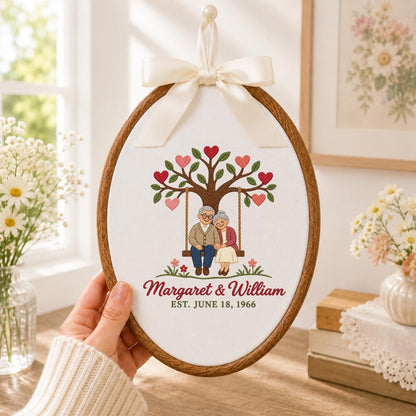 Personalized Anniversary Embroidery Hoop, Couple on Swing Beneath Heart Tree, Margaret and William Keepsake, 60th Wedding Gift for Two