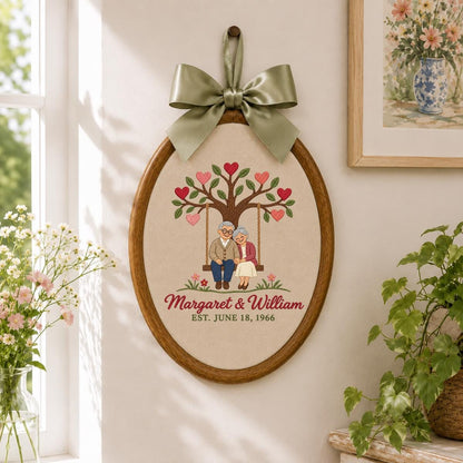 Personalized Anniversary Embroidery Hoop, Couple on Swing Beneath Heart Tree, Margaret and William Keepsake, 60th Wedding Gift for Two