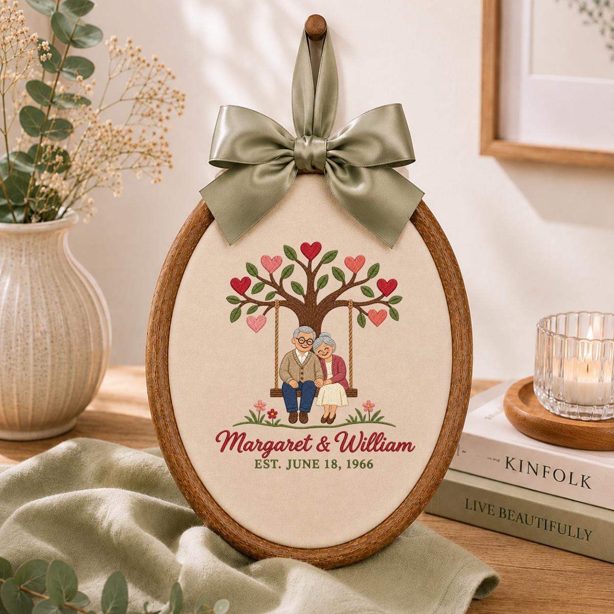 Personalized Anniversary Embroidery Hoop, Couple on Swing Beneath Heart Tree, Margaret and William Keepsake, 60th Wedding Gift for Two