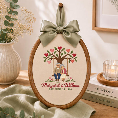 Personalized Anniversary Embroidery Hoop, Couple on Swing Beneath Heart Tree, Margaret and William Keepsake, 60th Wedding Gift for Two