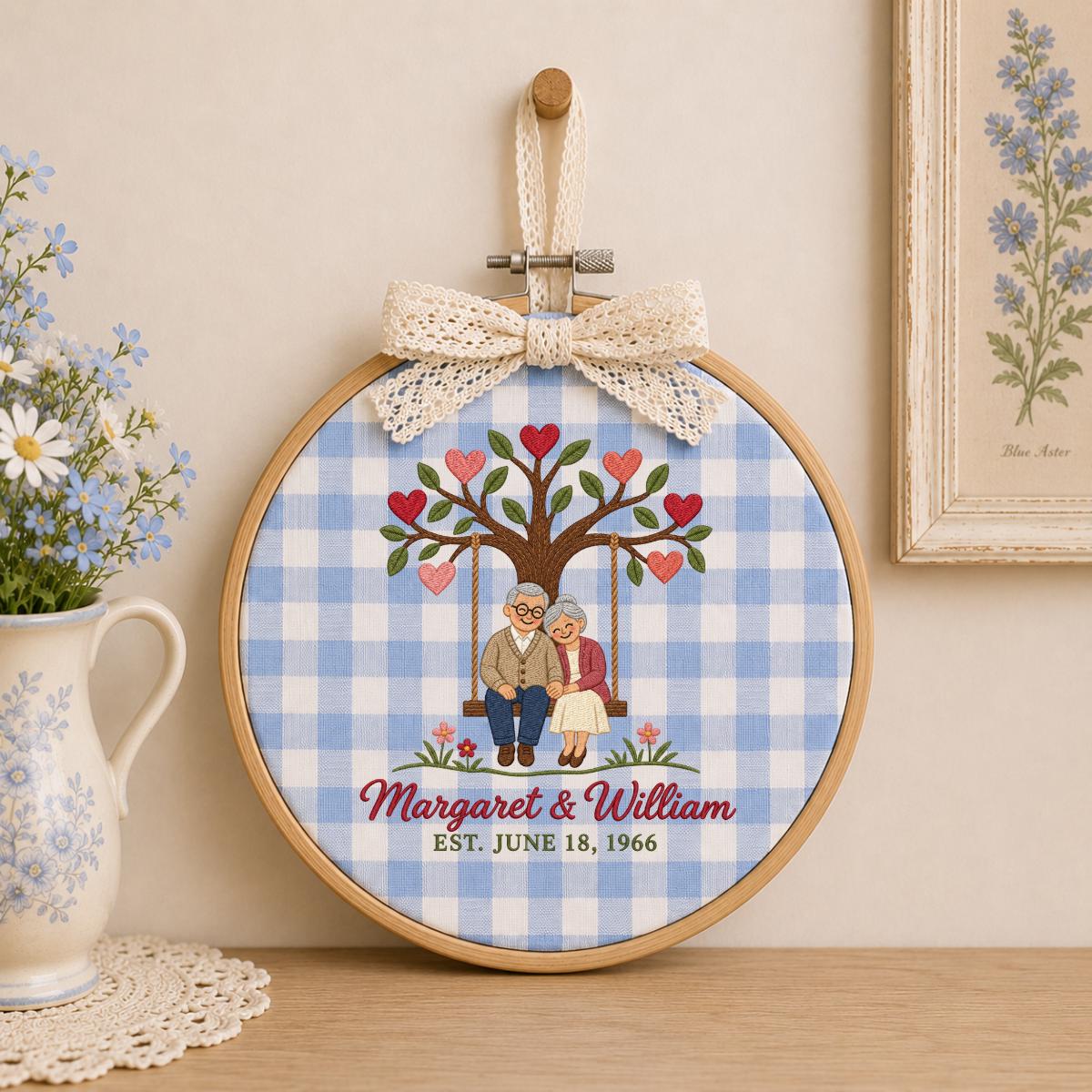 Personalized Anniversary Embroidery Hoop, Couple on Swing Beneath Heart Tree, Margaret and William Keepsake, 60th Wedding Gift for Two