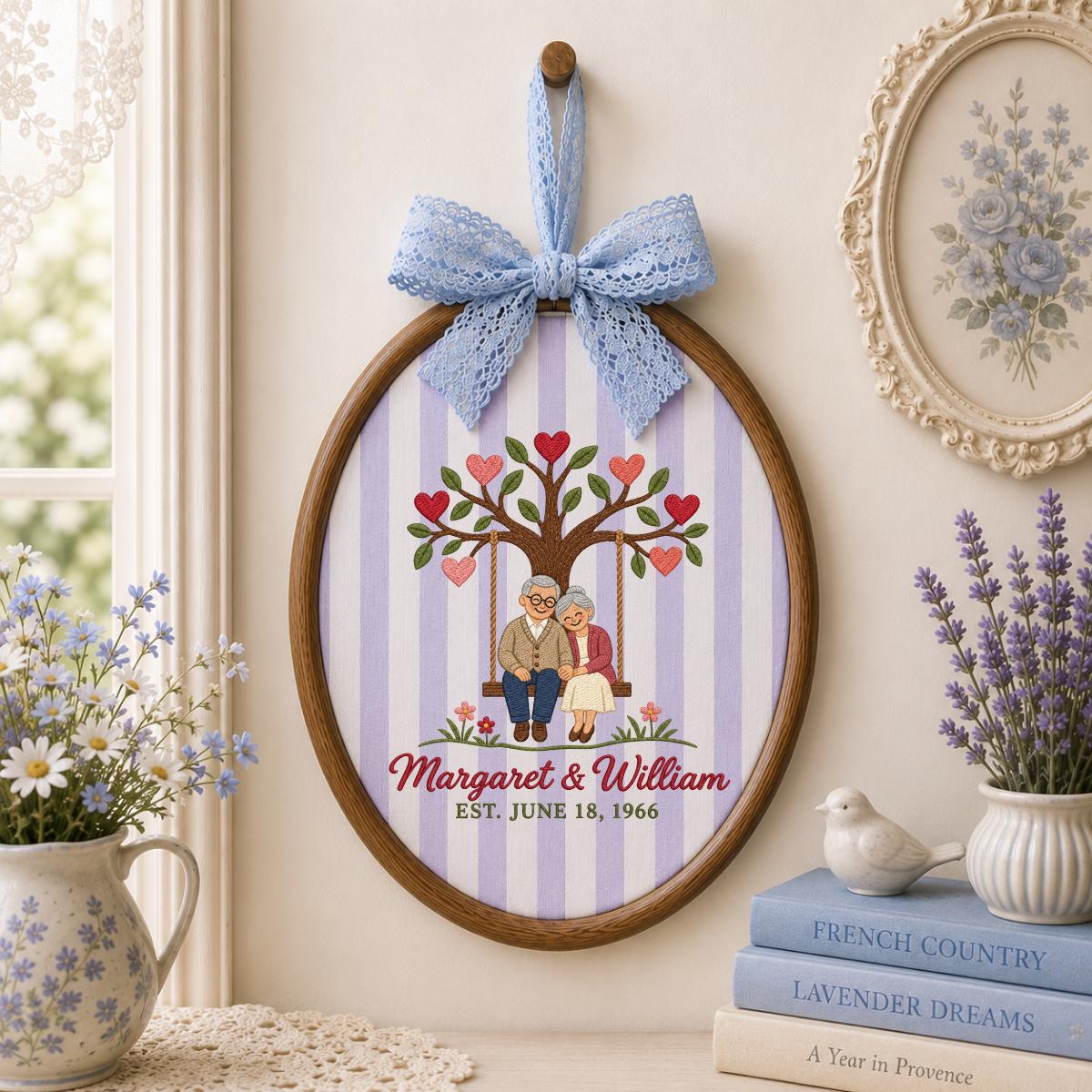 Personalized Anniversary Embroidery Hoop, Couple on Swing Beneath Heart Tree, Margaret and William Keepsake, 60th Wedding Gift for Two