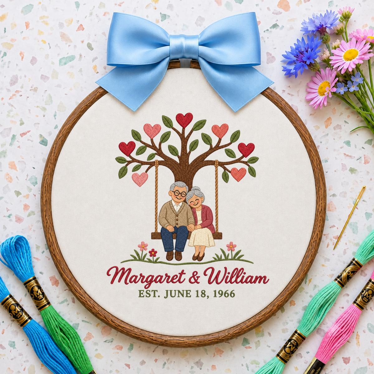 Personalized Anniversary Embroidery Hoop, Couple on Swing Beneath Heart Tree, Margaret and William Keepsake, 60th Wedding Gift for Two