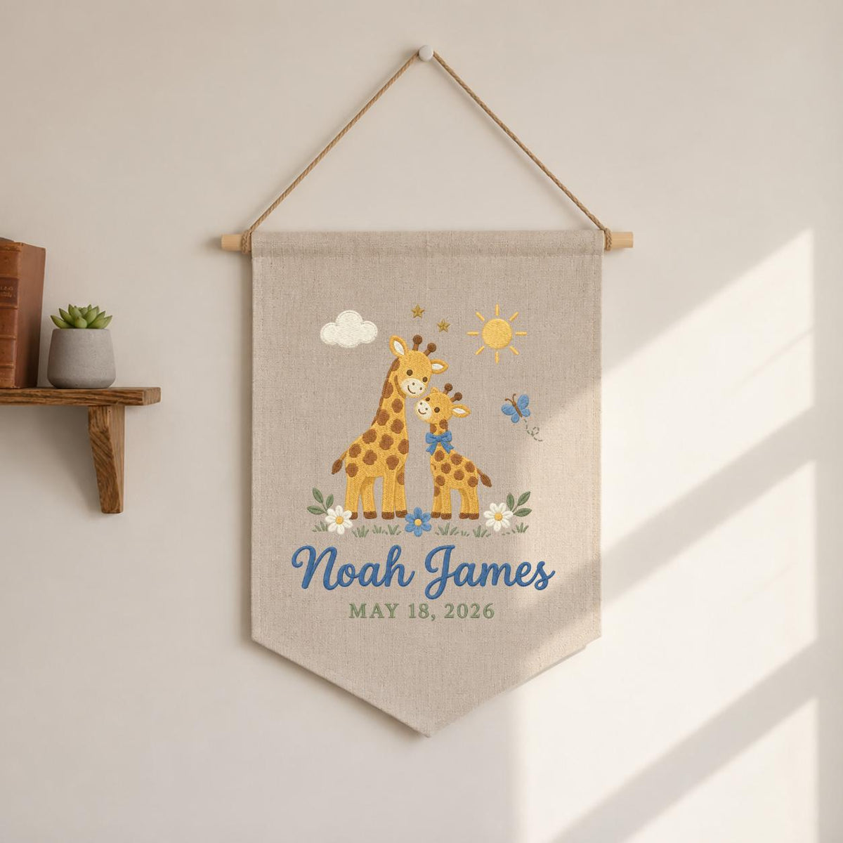 Personalized Baby Name Banner, Mama and Baby Giraffe Embroidered Nursery Wall Hanging, Noah James Keepsake, Safari Baby Shower Gift
