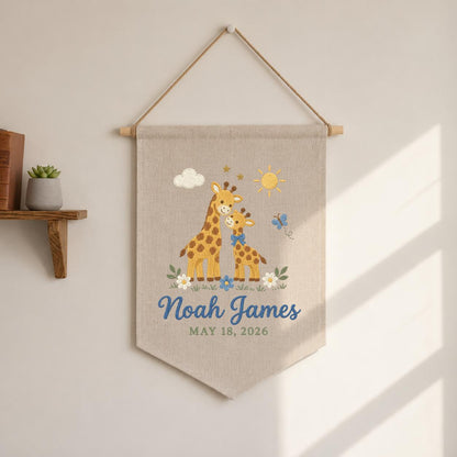 Personalized Baby Name Banner, Mama and Baby Giraffe Embroidered Nursery Wall Hanging, Noah James Keepsake, Safari Baby Shower Gift