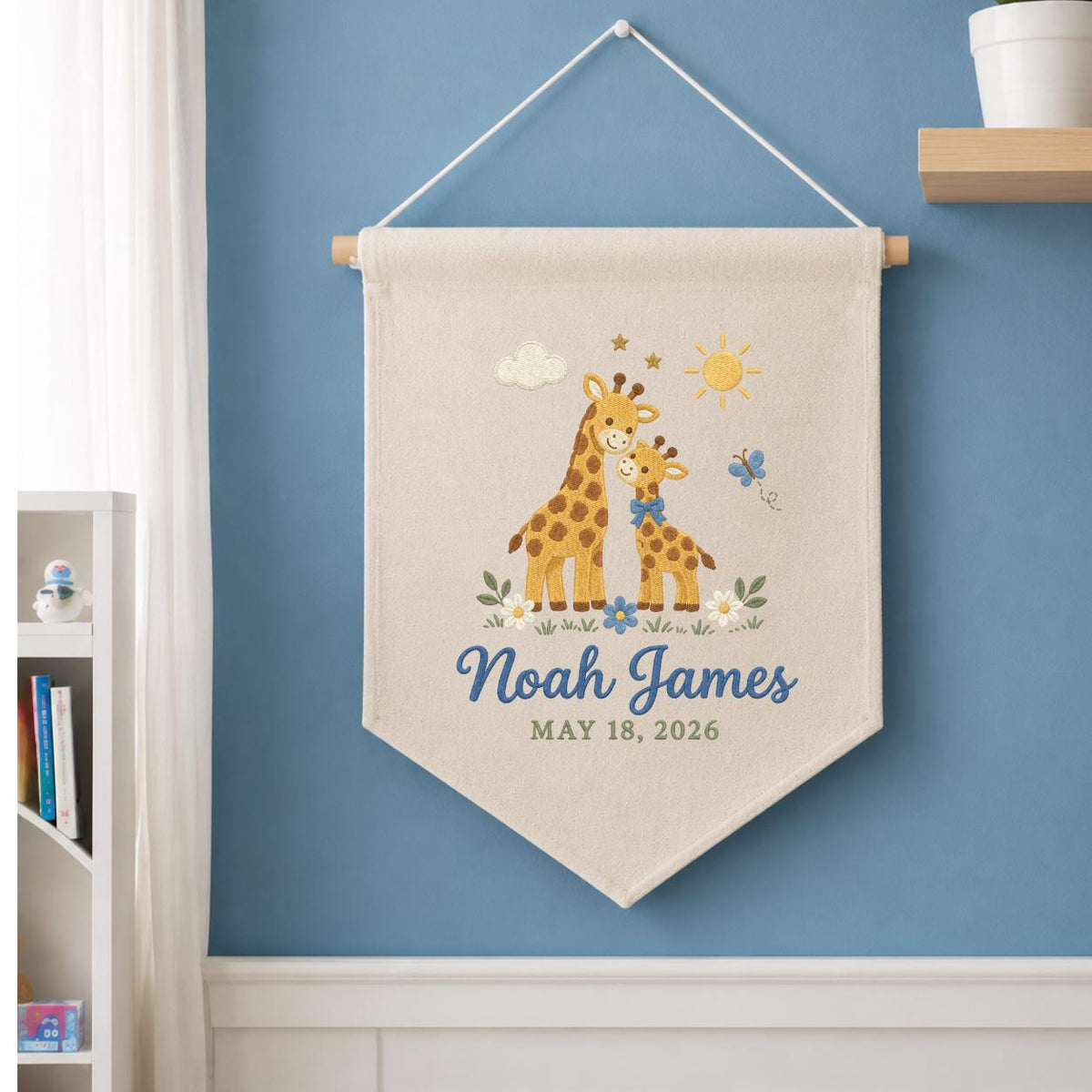 Personalized Baby Name Banner, Mama and Baby Giraffe Embroidered Nursery Wall Hanging, Noah James Keepsake, Safari Baby Shower Gift