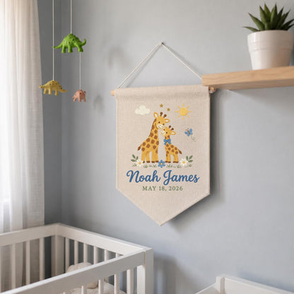 Personalized Baby Name Banner, Mama and Baby Giraffe Embroidered Nursery Wall Hanging, Noah James Keepsake, Safari Baby Shower Gift