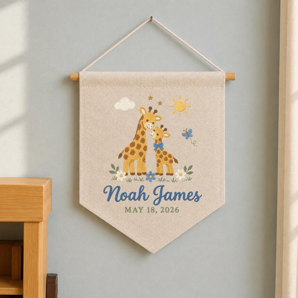 Personalized Baby Name Banner, Mama and Baby Giraffe Embroidered Nursery Wall Hanging, Noah James Keepsake, Safari Baby Shower Gift