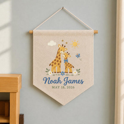 Personalized Baby Name Banner, Mama and Baby Giraffe Embroidered Nursery Wall Hanging, Noah James Keepsake, Safari Baby Shower Gift