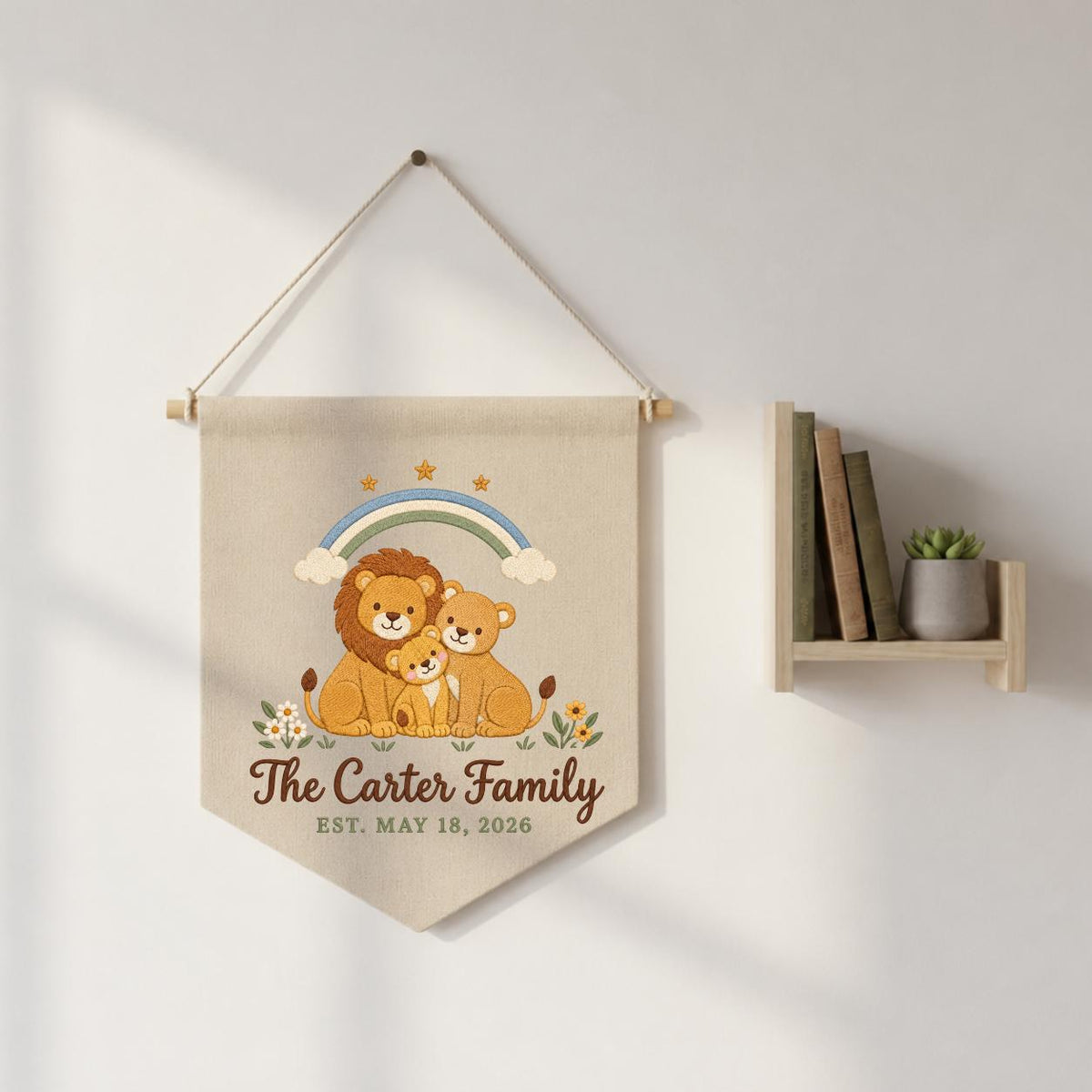 Personalized Family Name Banner, Embroidered Lion Family Under Rainbow, The Carter Family Nursery Wall Hanging and Safari Keepsake Gift