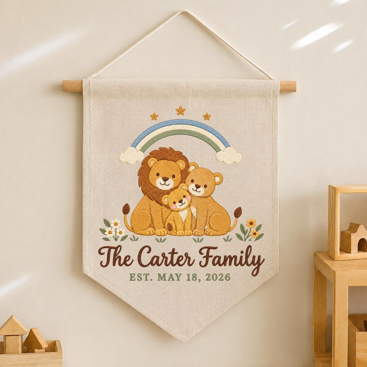 Personalized Family Name Banner, Embroidered Lion Family Under Rainbow, The Carter Family Nursery Wall Hanging and Safari Keepsake Gift
