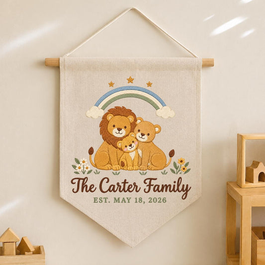 Personalized Family Name Banner, Embroidered Lion Family Under Rainbow, The Carter Family Nursery Wall Hanging and Safari Keepsake Gift