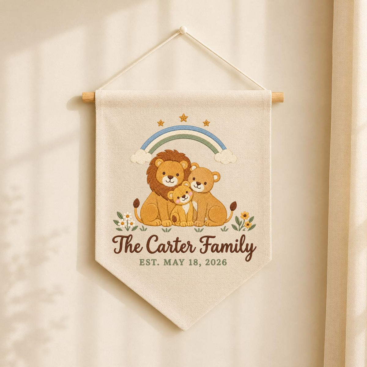 Personalized Family Name Banner, Embroidered Lion Family Under Rainbow, The Carter Family Nursery Wall Hanging and Safari Keepsake Gift