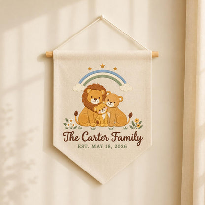 Personalized Family Name Banner, Embroidered Lion Family Under Rainbow, The Carter Family Nursery Wall Hanging and Safari Keepsake Gift