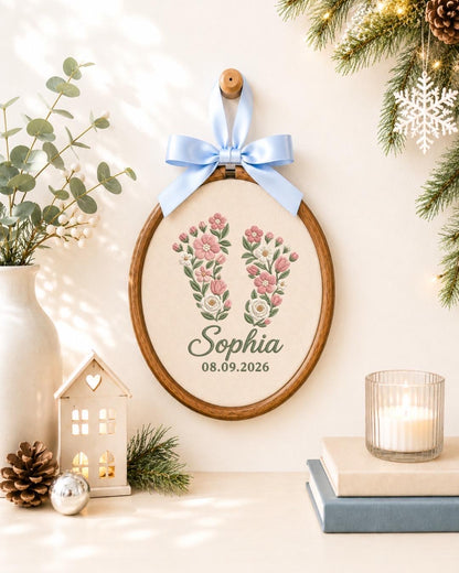 Personalized Floral Initial Embroidered Ornament, Custom Baby Name Monogram Hoop, Birth Flower Nursery Decor, Baby Girl Keepsake Gift