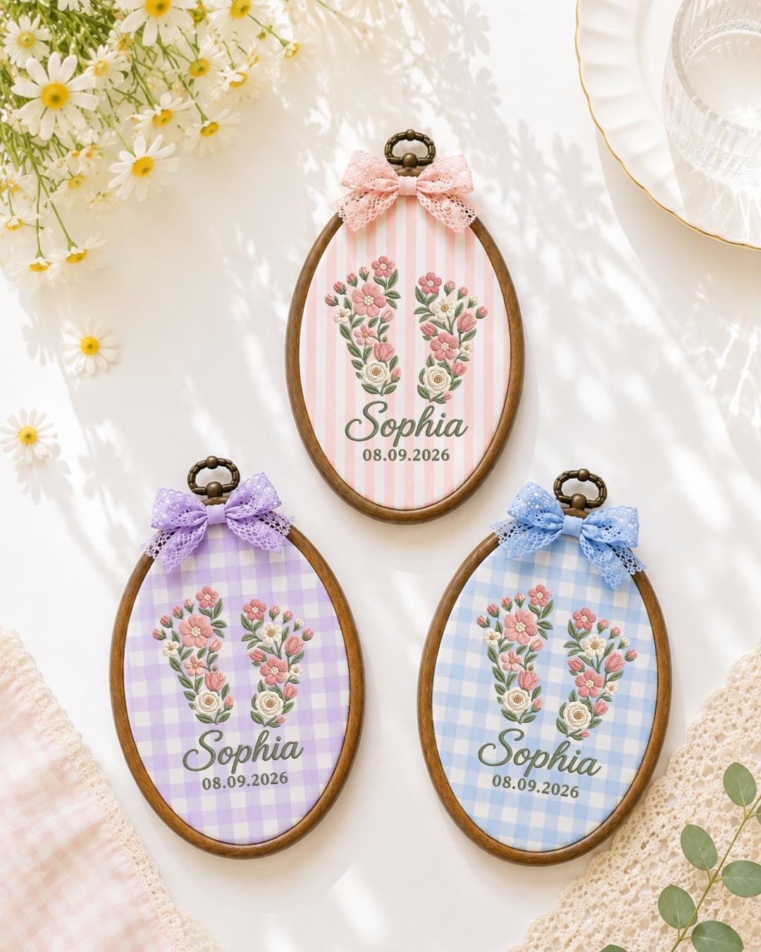 Personalized Floral Initial Embroidered Ornament, Custom Baby Name Monogram Hoop, Birth Flower Nursery Decor, Baby Girl Keepsake Gift