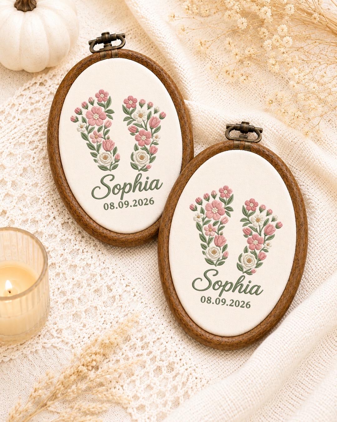 Personalized Floral Initial Embroidered Ornament, Custom Baby Name Monogram Hoop, Birth Flower Nursery Decor, Baby Girl Keepsake Gift