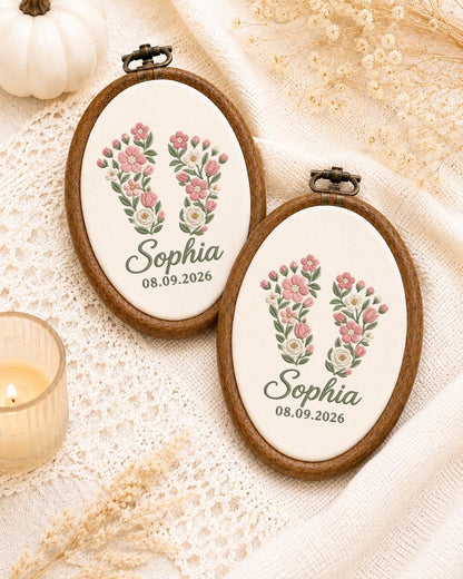 Personalized Floral Initial Embroidered Ornament, Custom Baby Name Monogram Hoop, Birth Flower Nursery Decor, Baby Girl Keepsake Gift