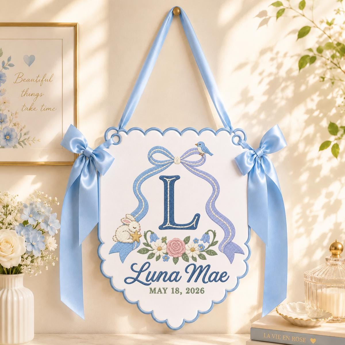 Custom Luna Mae Nursery Banner with Large Monogram, Bunny and Blue Bird, Embroidered Floral Wall Hanging, Baby Shower Gift Decor