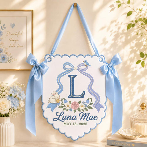 Custom Luna Mae Nursery Banner with Large Monogram, Bunny and Blue Bird, Embroidered Floral Wall Hanging, Baby Shower Gift Decor